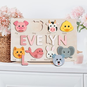 Personalized Gifts for Baby Girls, Custom Toys for Baby, Toddlers Name Puzzle, Wooden Name Puzzle, New Baby Gift, Puzzle with Animals
