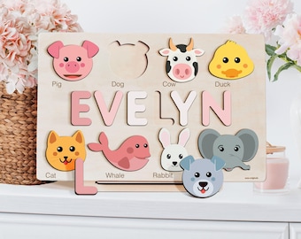 Personalized Gifts for Baby Girls, Custom Toys for Baby, Toddlers Name Puzzle, Wooden Name Puzzle, New Baby Gift, Puzzle with Animals