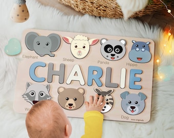 Custom Handmade Name Puzzle with Animals, Personalized Birthday Gift for Kids, Christmas Gifts for Toddlers, Unique New Baby Gift, Wood Toy