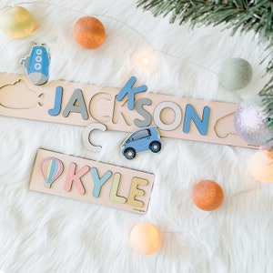 Name Puzzle Boy, Wooden Toy with Car, Kids Name Sign, Personalized Puzzle for Baby Girl and Boy, Customized Gifts for Toddler, Name Puzzle