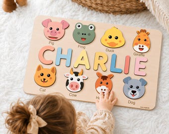 Custom Name Puzzle with Animals, Personalized Baby Gift, First Birthday Gift, Christmas Present, 0-3 Years Personalized Toy