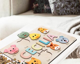 Personalized Name Puzzle with Animals, Woodland Animals Nursery Decor, 1st Birthday Girl and Boy, Baby Shower Gift, Special New Baby Gift