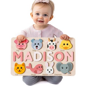 Animals Wooden Name Puzzle | Busy Board Puzzle | Toddler Toys | Baby Girl Gifts | Gift for Kids | Baby First Easter Present | Birthday Gift
