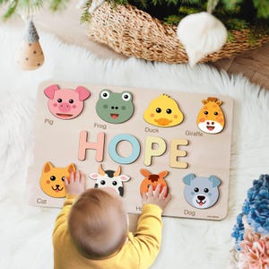 Busy Board For Toddlers, Toddler Toys, Wood Toys for Baby, Custom Handmade Name Puzzle with Animals, Kids Name Puzzle, Gift for Toddlers
