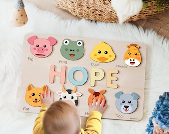 Busy Board For Toddlers, Toddler Toys, Wood Toys for Baby, Custom Handmade Name Puzzle with Animals, Kids Name Puzzle, Gift for Toddlers