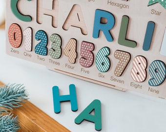 Personalized Name Puzzle With Numbers and Shapes | Personalized 2 Year Old Gift | Baby Girl and Boy Montessori Toys | Baby Name Puzzle