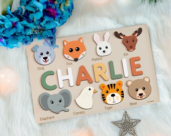Name Puzzles, Personalized Baby Girl Gift, Baby Boy, Girl Nursery Decor, Animals Wooden Name Puzzle, 2nd Birthday Girl, Custom Gift for Kids