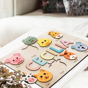 Custom Handmade Name Puzzle with Animals, Personalized Birthday Gift for Kids, Christmas Gifts for Toddlers, Unique New Baby Gift, Wood Toy image 3