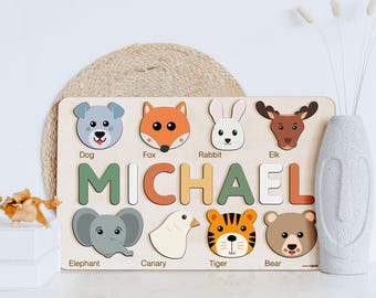 Custom Handmade Name Puzzle with Animals, Personalized Birthday Gift for Kids, Christmas Gifts for Toddlers, Special New Baby Gift, Wood Toy