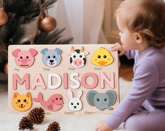 Custom Handmade Name Puzzle with Animals, Personalized Birthday Gift for Kids, Christmas Gifts for Toddlers, Unique New Baby Gift, Wood Toy