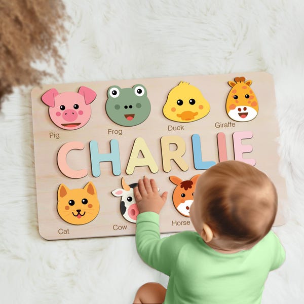 Personalized Name Puzzle with Animals, Baby Shower, Toys for 6 Months, Montessori Baby Toys, Christmas Gifts, New Baby Gift, Busy Board