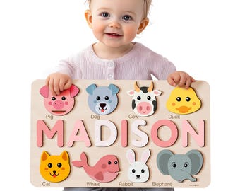 Animals Puzzle for Baby Girl and Boy, Handmade Custom Name Puzzle, Personalized Gifts for Baby, First Christmas Gift, Baby Gift