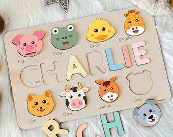 Personalized Name Puzzle with Animals | Custom Baby Girl and Boy Birthday Gift | Emerald Green Toddlers Christmas Gift | Unique Baby Gift