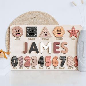 Baby and Toddlers Wooden Toys, Child Personalized Puzzle with Name Letters Geometric Shapes and Numbers, Baby Toy 6-12 Month