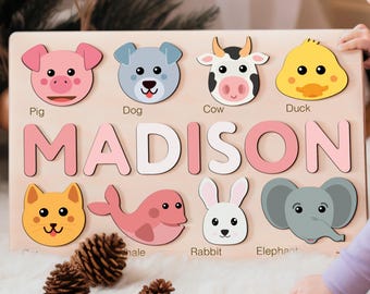Custom Name Puzzle with Animals, Toy for One Year Old, Kids Name Sign, Personalized Toys for Baby, Baby Gift, 1st Easter Gift, New Mom Gift