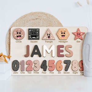 Baby and Toddlers Wooden Toys, Child Personalized Puzzle with Name Letters Geometric Shapes and Numbers, Baby Toy 6-12 Month