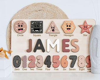 Baby and Toddlers Wooden Toys, Child Personalized Puzzle with Name Letters Geometric Shapes and Numbers, Baby Toy 6-12 Month