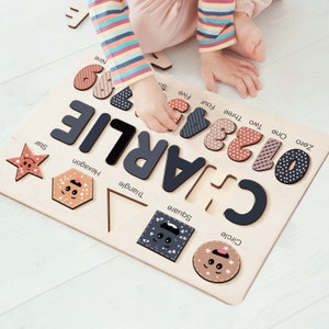 Baby Custom Name Puzzle with Wooden Letters, Child Personalized Gifts, Learning Busy Board, Wooden Montessori Toys with Multicolor Shapes