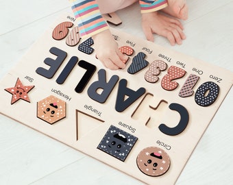 Baby Custom Name Puzzle with Wooden Letters, Child Personalized Gifts, Learning Busy Board, Wooden Montessori Toys with Multicolor Shapes