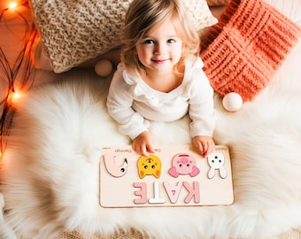 Baby Girl Name Puzzle with Animals, Personalized Name Puzzle, Handmade Wooden Name Sign Puzzle, Baby Girl Gift, Christmas Gift, 1st Birthday