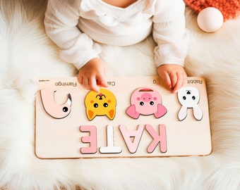 Baby Girl Educational Name Puzzle with Animals, Personalized Baby Toy, Handmade Wooden Name Sign Puzzle, Baby Girl Gift, Christmas Gift