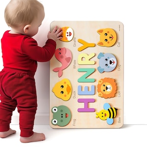 Custom Name Puzzle with Animals, Puzzle with Animals, Baby Gift, Personalized Puzzle, Baby First Christmas Gift, 1st Birthday Baby Girl Gift