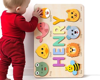 Custom Name Puzzle with Animals, Puzzle with Animals, Baby Gift, Personalized Puzzle, Baby First Christmas Gift, 1st Birthday Baby Girl Gift