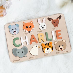 Animals Puzzle with Name, Personalized Puzzle, Christmas Gifts for Toddlers, Custom Animal Wooden Toy, Nursery Decor, First Birthday Gift