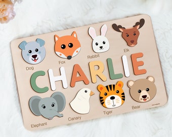 Animals Puzzle with Name, Personalized Puzzle, Christmas Gifts for Toddlers, Custom Animal Wooden Toy, Nursery Decor, First Birthday Gift