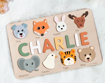 Animals Puzzle with Name, Personalized Puzzle, Christmas Gifts for Toddlers, Custom Animal Wooden Toy, Nursery Decor, First Birthday Gift