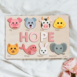 Wooden Name Puzzle with Animals, Montessori Toys, First Birthday Gift, Baby Name Puzzle, Custom Gift for Kids, Girl Nursery Decor