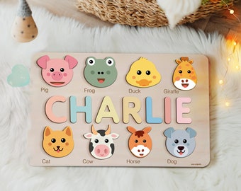 Animals Puzzle Customizable Name Puzzle for Baby, 1st Birthday Gifts for Baby Girl and Boy, Montessori Wooden Toys with Personalized Names