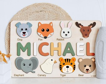 Custom Name Puzzle with Animals, Personalized Handmade Birthday Gift for Kids, Christmas Gifts for Toddlers, Special New Baby Gift, Wood Toy