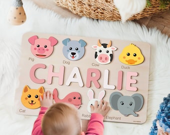 Animals Puzzle with Custom Baby Name, Personalized Name Puzzle, Zuzu Puzzle Licensed Puzzle, Baby Girl Gift, Baby Boy Gift, Handmade Wooden