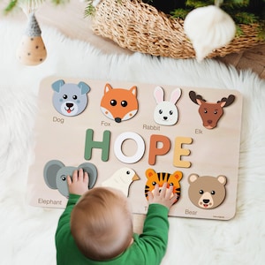 Boy and Girl Personalized Birthday Gift, Custom Handmade Name Puzzle with Animals, Gift for Kids, Christmas Gifts, Unique New Baby Gift