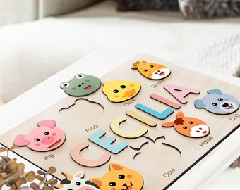 Custom Name Puzzle with Animals | Personalized Baby Girl and Boy Birthday Gift | Emerald Green Toddlers Christmas Gift | Unique Baby Gift