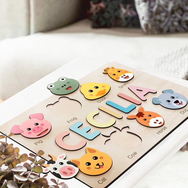 Custom Name Puzzle with Animals | Personalized Baby Girl and Boy Birthday Gift | Emerald Green Toddlers Christmas Gift | Unique Baby Gift
