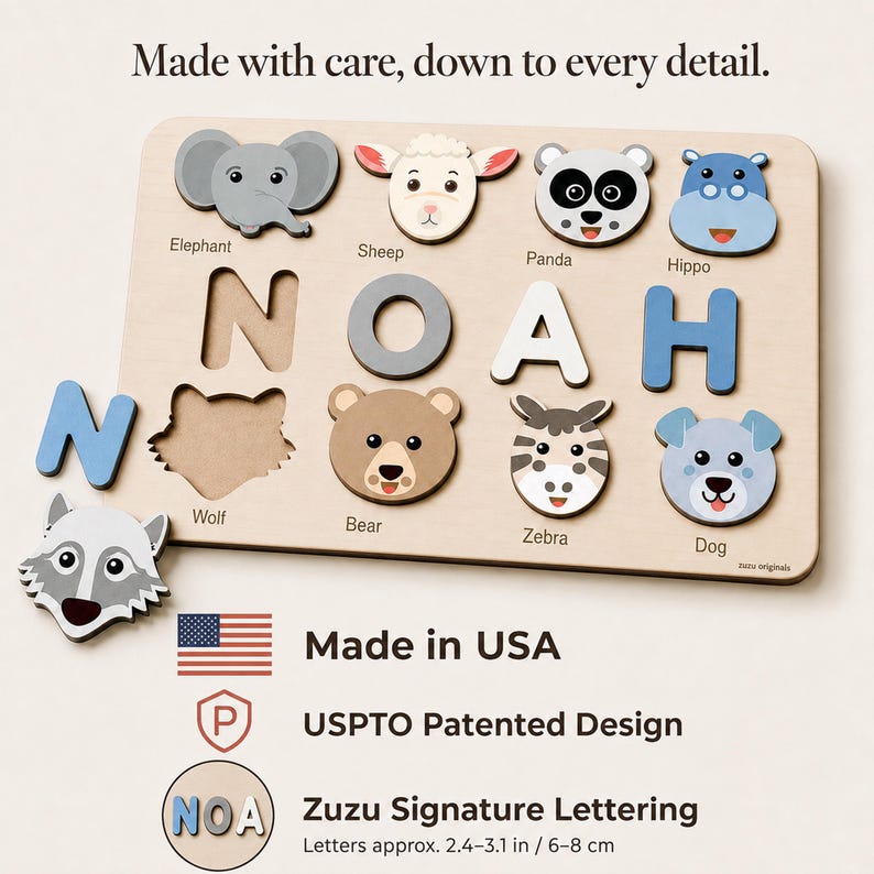 Animals Wooden Name Puzzle, 0-3 Years Old Personalized Gift: Patented and Certified Design bild 9