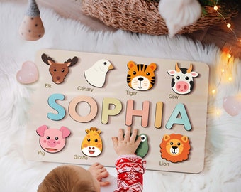 Animals Puzzle Customizable Name Puzzle for Baby, 1st Birthday Gifts for Baby Girl and Boy, Montessori Wooden Toys with Personalized Names