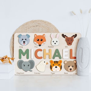 Custom Handmade Name Puzzle with Animals, Personalized Birthday Gift for Kids, Christmas Gifts for Toddlers, Special New Baby Gift, Wood Toy