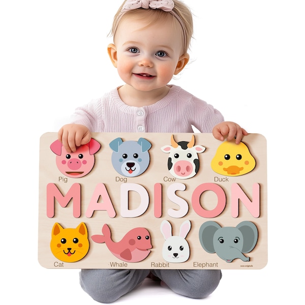 Animals Wooden Name Puzzle, 0-3 Years Old Personalized Gift: Patented and Certified Design