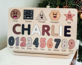 Personalized Name Puzzle with Shapes and Numbers | Handmade Wooden Gifts for Kids | Baby Girl and Boy Gifts | Kid Christmas Gifts