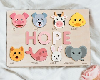 Custom Handmade Name Puzzle with Animals, Personalized Birthday Gift for Kids, Christmas Gifts for Toddlers, Unique New Baby Gift, Wood Toy
