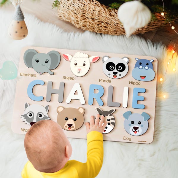 Custom Name Puzzle with Animals, Personalized Baby Gift, First Birthday Gift, Christmas Present, 0-3 Years Personalized Toy