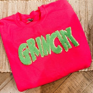 Christmas sweatshirt, chenille letters, Christmas Day gift, cold weather, Pink & Green, Grinchy, winter, Long Sleeve,