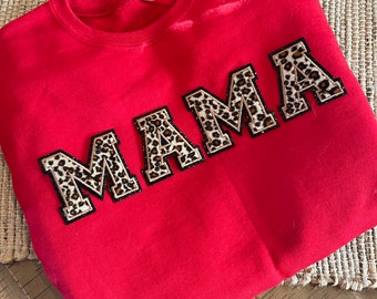 Mama sweatshirt, chenille letters, Mother’s Day gift, Christmas gift, cold weather, leopard chenille letters, mama, patches, leopard