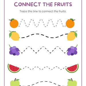 Könnte beinhalten: Ein Arbeitsblatt für Kinder, um das Verfolgen von Linien zu üben, indem sie verschiedene Früchte verbinden. Die Früchte umfassen eine Orange, eine Zitrone, Trauben, eine Wassermelone und einen Apfel. Das Arbeitsblatt trägt den Titel "Connect the Fruits" und die Anweisungen "Trace the line to connect the fruits."
