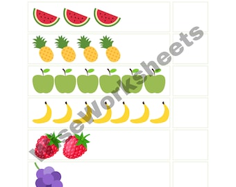 May include: A printable worksheet featuring colourful illustrations of various fruits, including watermelons, pineapples, apples, bananas, raspberries, grapes, and lemons. The worksheet asks the user to count the number of each fruit and write the answer in the box next to it. The text "Count the fruits!" is at the top of the page.