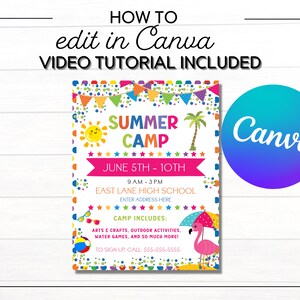 Puede incluir: Un folleto colorido de campamento de verano con el texto "Summer Camp" en letras grandes y brillantes. El folleto incluye ilustraciones de un sol, una palmera y un flamenco. El folleto tambi&eacute;n incluye el texto "How to edit in Canva" y "Video Tutorial Included".