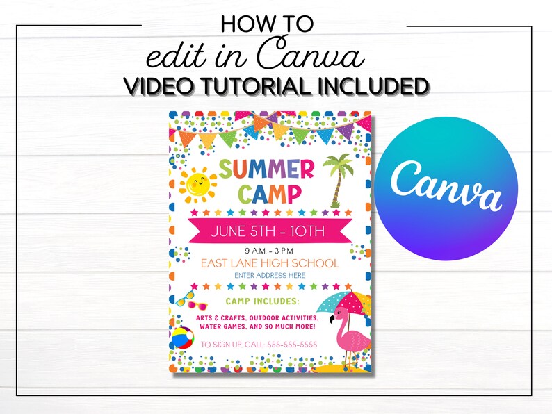 Puede incluir: Un folleto colorido de campamento de verano con el texto "Summer Camp" en letras grandes y brillantes. El folleto incluye ilustraciones de un sol, una palmera y un flamenco. El folleto tambi&eacute;n incluye el texto "How to edit in Canva" y "Video Tutorial Included".